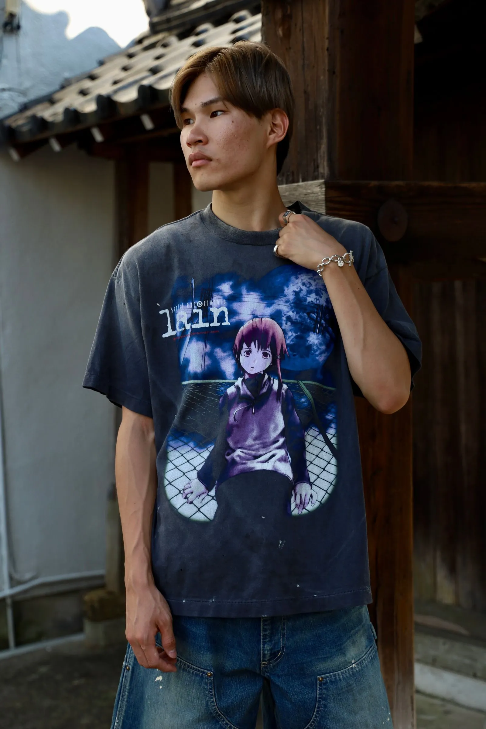 SAINT Mxxxxxx × serial experiments lain × GEEKS RULE GS_SS TEE/LAIN/BLK Sci-fi anime <Lingyin> co-branded ringing tone distressed short-sleeves Washed black S-XL Super rich and delicate printing technology perfectly shows the authentic details Customized co-branded accessories The real correct version Ready-made clothes Assute dyeing Washed to make old Maliu water faded